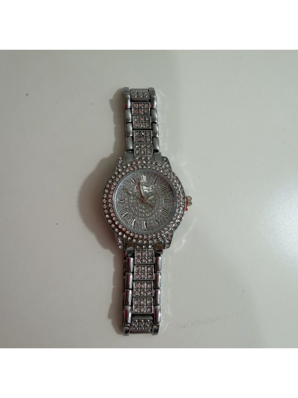 Silver Tone Iced Out Bling Watch Rhinestone Bezel Roman Numeral Dial Link